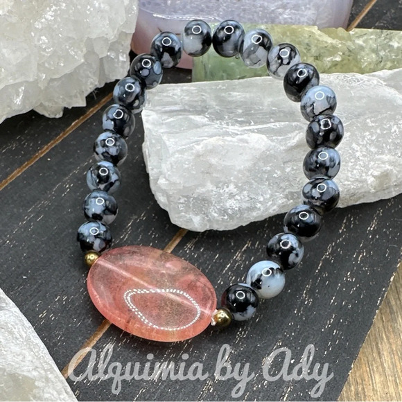 Crazy lace Agate/Laguna beaded bohemian bracelet focal point Cherry Quartz - Picture 1 of 7